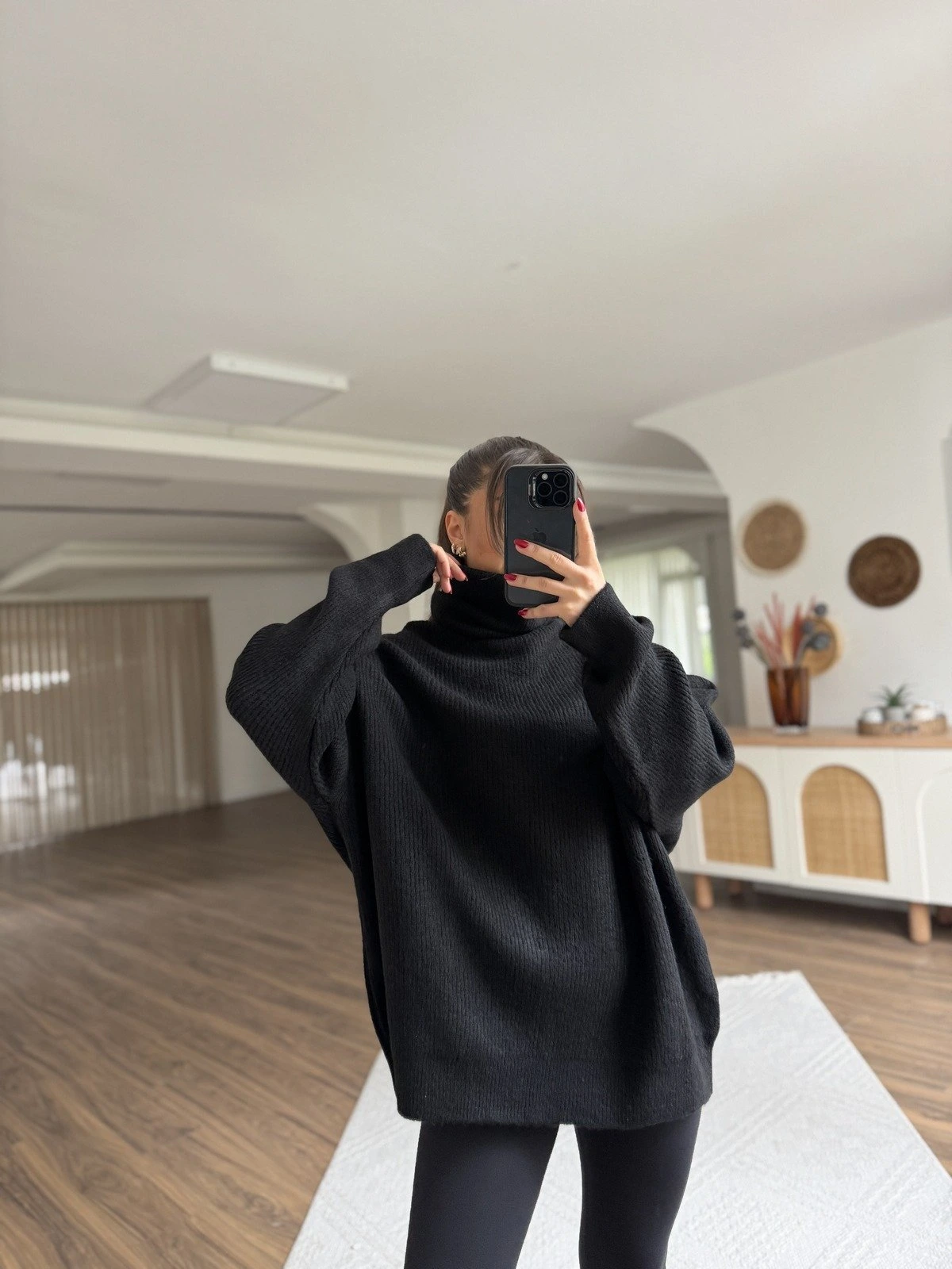 BALIKÇI YAKA OVERSİZE KAZAK - SİYAH - Görsel 1