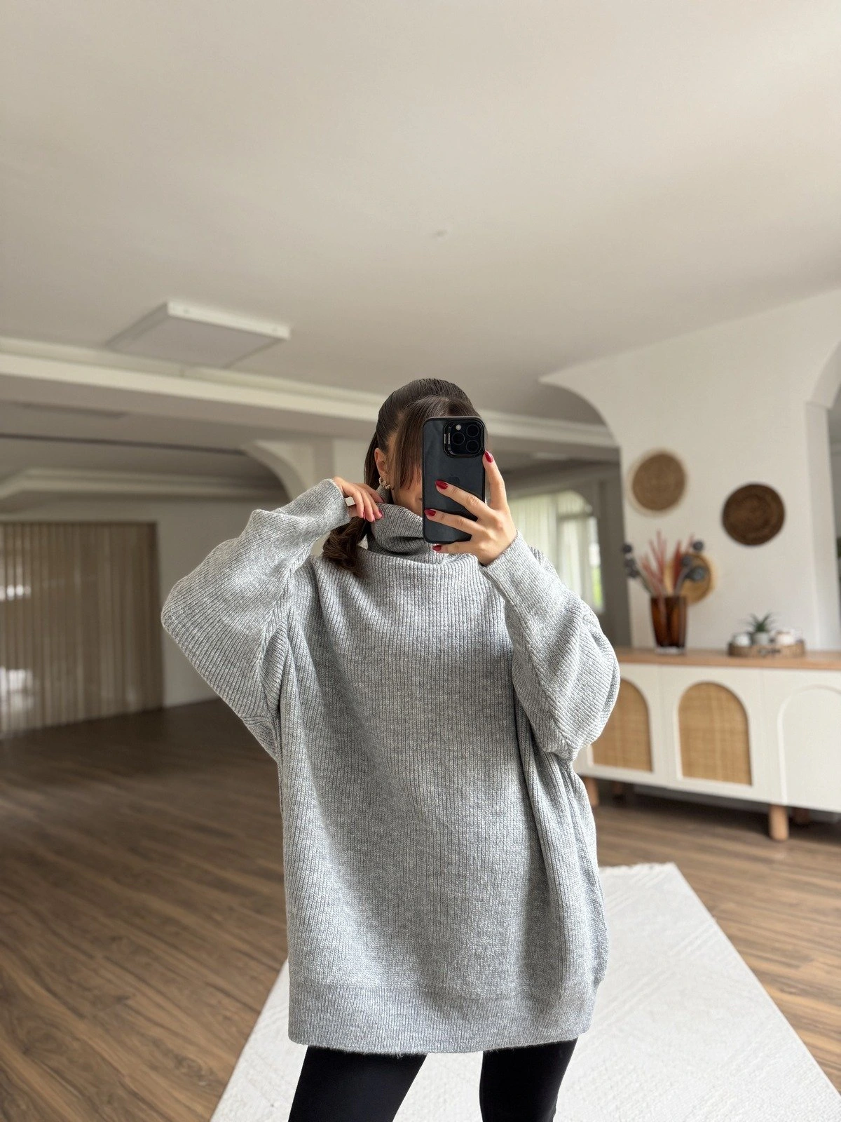 BALIKÇI YAKA OVERSİZE KAZAK - KOYU GRİ - Görsel 1