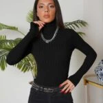 BALIKÇI YAKA VİSKON FİTİLLİ TRİKO - SİYAH