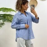 BASİC POPLİN TEK CEP ÇİZGİLİ GÖMLEK - MAVİ