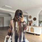 BATİK ÇİZGİ DESEN KAYIK YAKA VİSKON TRİKO - KOYU KAHVE