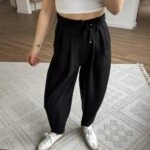 BEL BAĞ LASTİK PİLELİ TİRİL PANTOLON - SİYAH