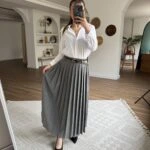 BEL BRİT YAN YIRTMAÇ PİLELİ MAKSİ BOY PAMUK ETEK - GRİ