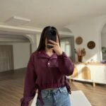 BEL BÜZGÜ BAĞLAMA DİK YAKA ÇITÇITLI KISA MODAL SWEAT - MÜRDÜM