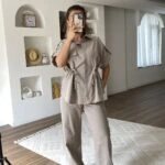 BEL BÜZGÜ GÖMLEK CEPLİ PATOLON PAMUK KETEN TAKIM - VİZON