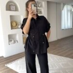 BEL BÜZGÜ GÖMLEK CEPLİ PATOLON PAMUK KETEN TAKIM - SİYAH