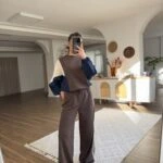 BEL BÜZGÜ PATAŞÜT DETAY SWEAT ŞERİTLİ EŞOFMAN MODAL PAMUK TAKIM - KAHVE