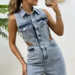 BEL DEKOLTE GÖMLEK YAKA DÜĞMELİ JEAN TULUM - MAVİ