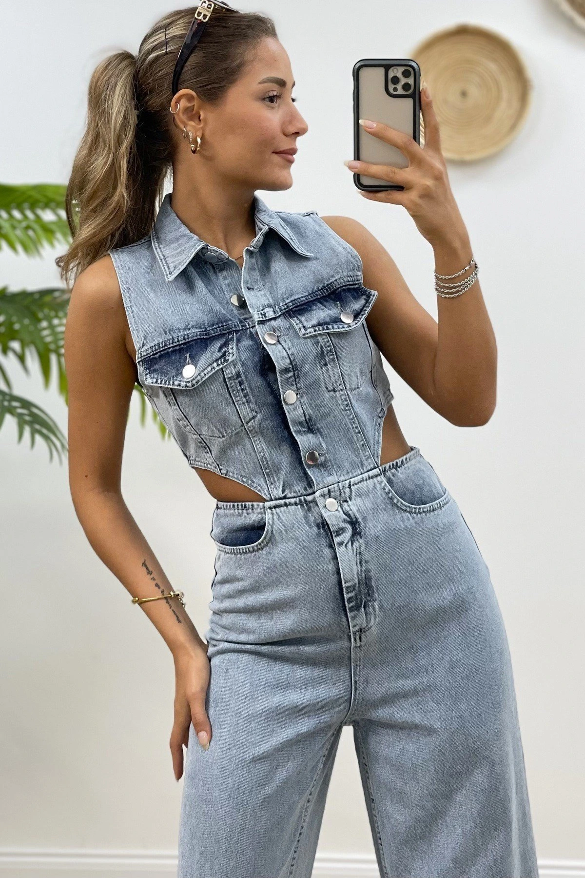 BEL DEKOLTE GÖMLEK YAKA DÜĞMELİ JEAN TULUM - MAVİ - Görsel 1