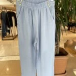 BEL DETAY DUBLE PAÇA PAMUK KETEN PANTOLON - MAVİ