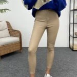 BEL DİKİŞ DETAY DERİ PANTOLON - BEJ