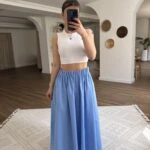 BEL FIRFIR LASTİK CEPLİ PAMUK UZUN ETEK - MAVİ