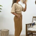 BEL KALIN LASTİK CROP TİŞÖRT - BEJ