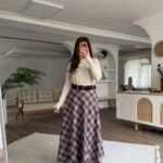 BEL KEMERLİ ASTARLI ÇİZGİLİ ETEK - KAHVE