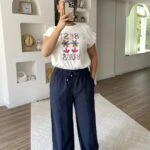 BEL LASTİK ARKA VE YAN CEPLİ DİKİŞ DETAY PAMUK TENCEL PANTOLON - LACİVERT