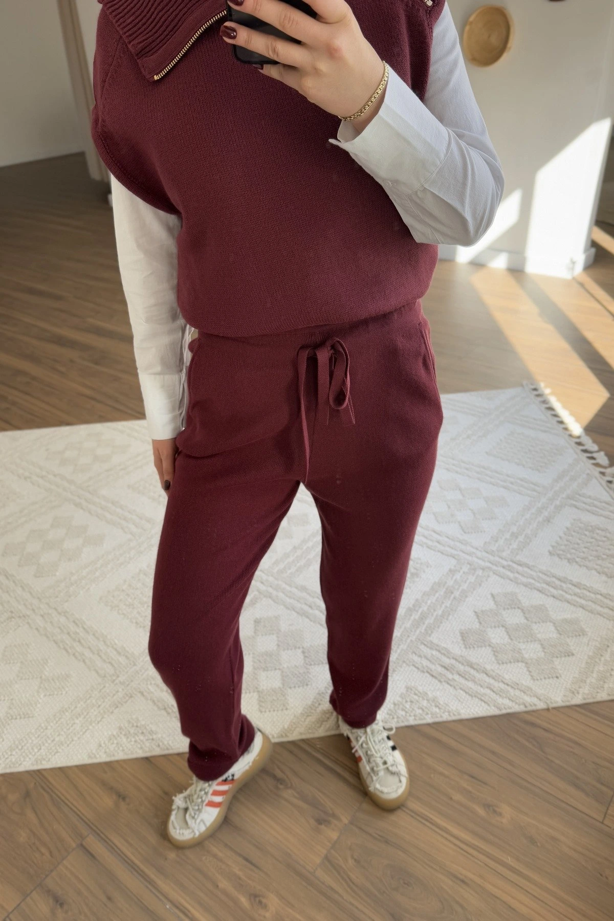 BEL LASTİK BAĞCIKLI PAÇA DUBLE YÜN KARIŞIM TRİKO PANTOLON - BORDO - Görsel 1