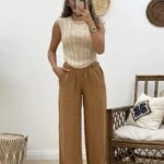 BEL LASTİK BOL PAÇA KETEN RAHAT PANTOLON - AÇIK BEJ