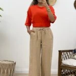 BEL LASTİK BOL PAÇA KETEN RAHAT PANTOLON - BEJ