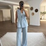 BEL LASTİK BÜZGÜ YELEK PANTOLON VİSKON TAKIM - BEBE MAVİ