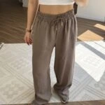 BEL LASTİK CEPLİ BOL PAÇA KETEN PANTOLON - VİZON