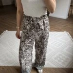 BEL LASTİK CEPLİ DESENLİ VİSKON PANTOLON - BEJ- KAHVE