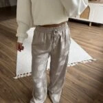 BEL LASTİK CEPLİ DOKU DESEN VİSKON RAHAT PANTOLON - TAŞ