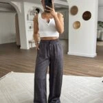 BEL LASTİK CEPLİ DOKU DESEN VİSKON RAHAT PANTOLON - ANTRASİT