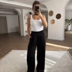 BEL LASTİK CEPLİ DÖKÜMLÜ PAMUK KARIŞIM PANTOLON - SİYAH