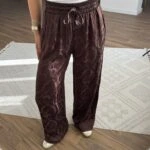 BEL LASTİK CEPLİ İNCE SİM DESEN  DOKU VİSKON PANTOLON - KAHVE