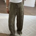 BEL LASTİK CEPLİ İNCE SİM DESEN DOKU VİSKON PANTOLON - HAKİ