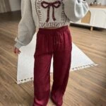 BEL LASTİK CEPLİ JAKARLI VİSKON RAHAT PANTOLON - BORDO