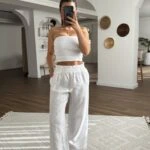 BEL LASTİK CEPLİ ÖN DİKİŞ HAM KETEN PANTOLON - BEYAZ