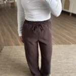 BEL LASTİK CEPLİ PAMUK TENSEL PANTOLON - KAHVE