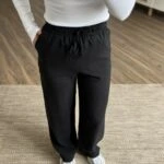 BEL LASTİK CEPLİ PAMUK TENSEL PANTOLON - SİYAH