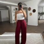 BEL LASTİK CEPLİ VİSKON RAHAT PANTOLON - BORDO