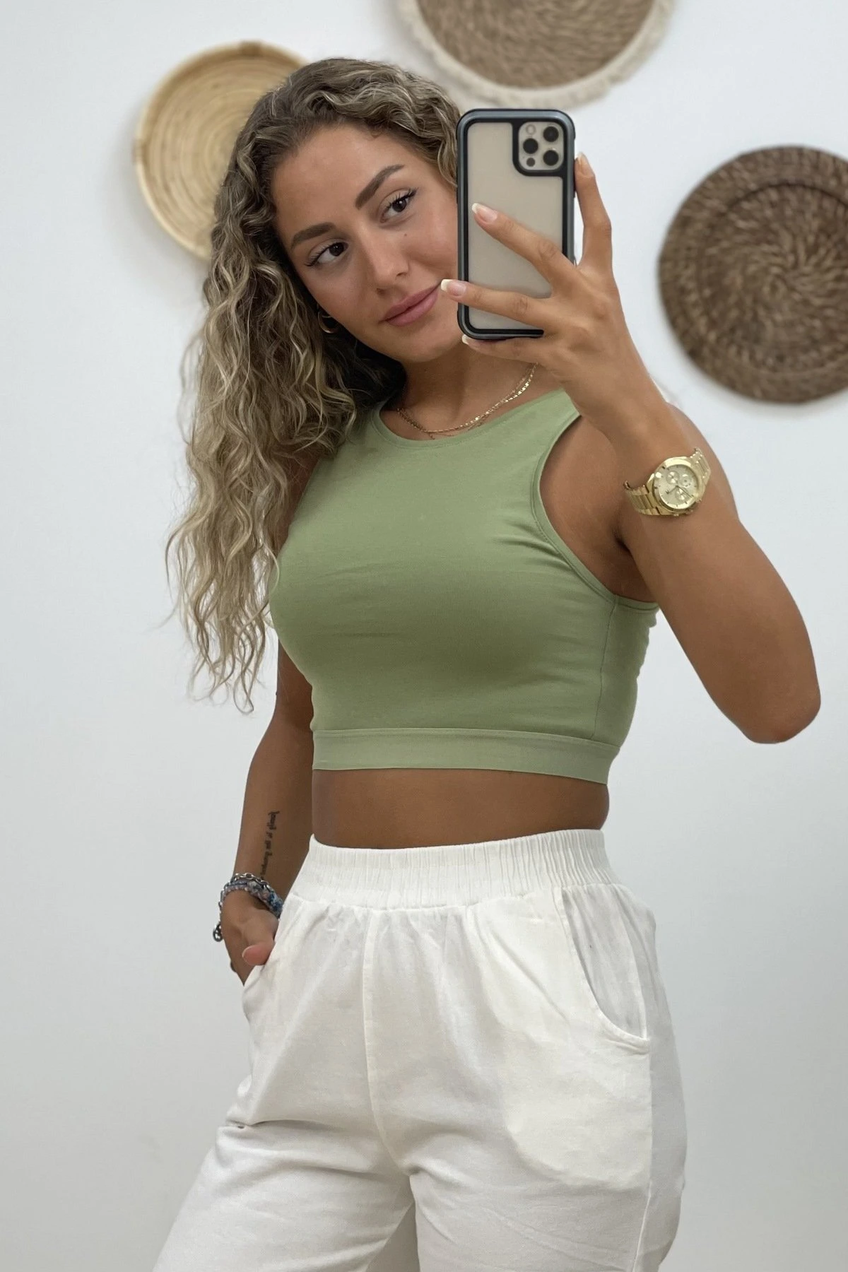 BEL LASTİK CROP ATLET - ÇAĞLA YEŞİLİ - Görsel 1