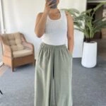 BEL LASTİK GENİŞ PAÇA CEPLİ MODAL PANTOLON - ÇAĞLA YEŞİLİ