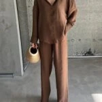 BEL LASTİK İNCE PANTOLON - KAHVE