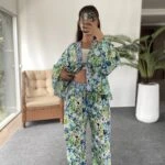 BEL LASTİK PÜSKÜL BAĞCIK DESENLİ PAMUK PANTOLON - YEŞİL