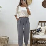 BEL LASTİK VE FERMUARLI KETEN PANTOLON - GRİ