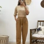 BEL LASTİK VE FERMUARLI KETEN PANTOLON - AÇIK KAHVE