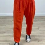 BEL LASTİK VE FERMUARLI KETEN PANTOLON - NAR ÇİÇEĞİ