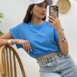 BEL LASTİK YAZILICROP TİŞÖRT - TURKUAZ