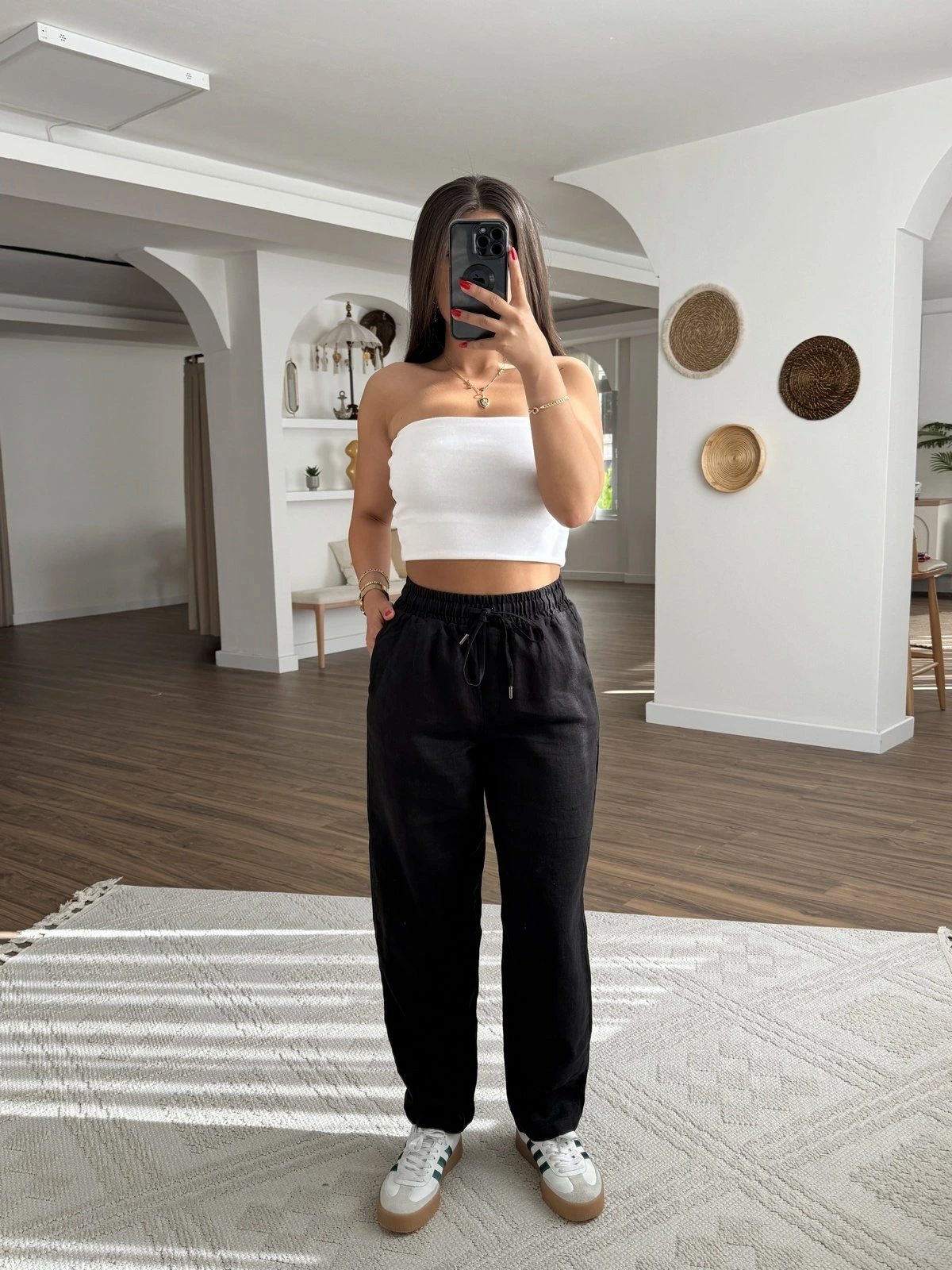 BEL LASTİKLİ CEPLİ HAM KETEN PANTOLON - SİYAH - Görsel 1