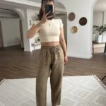 BEL LASTİKLİ CEPLİ HAM KETEN PANTOLON - TOPRAK