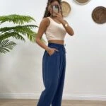 BEL LASTİKLİ CEPLİ ŞALVAR KETEN PANTOLON - İNDİGO