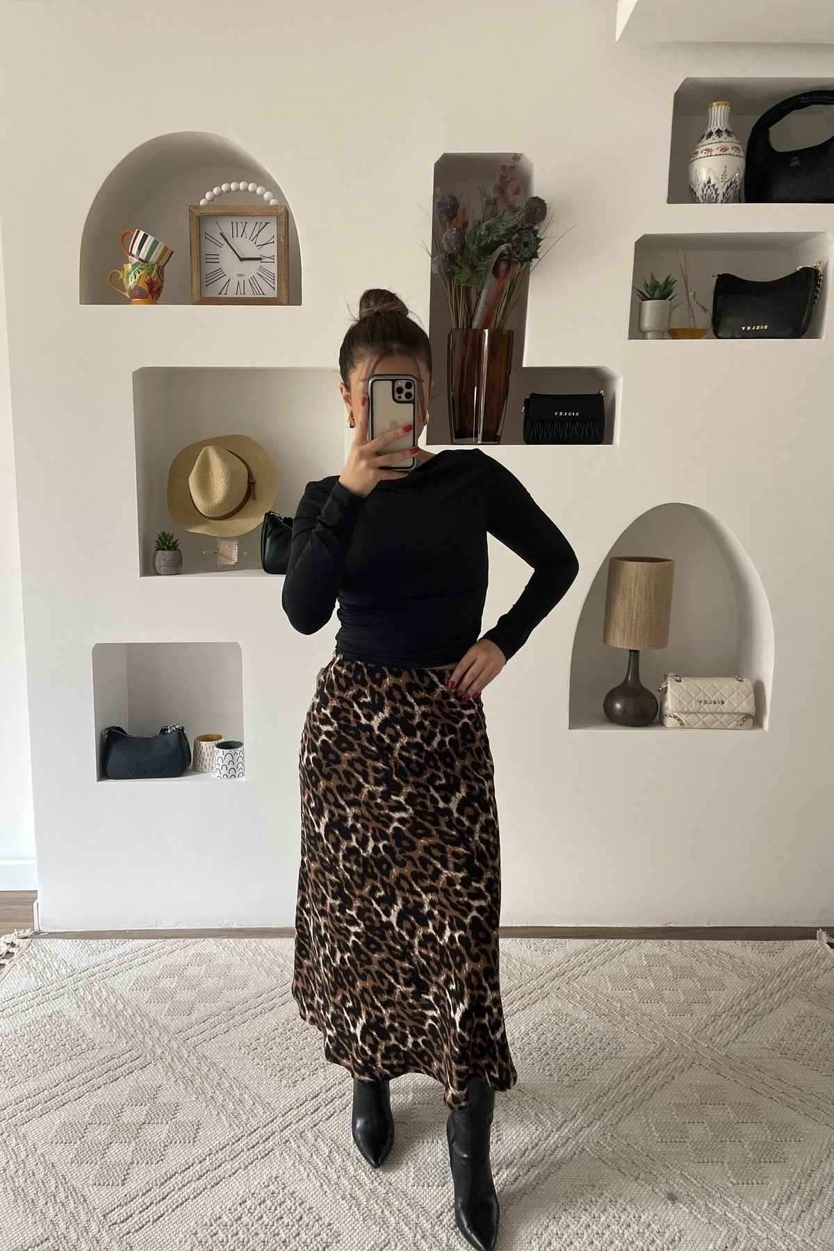 BEL LASTİKLİ SATEN ETEK - LEOPAR - Görsel 1