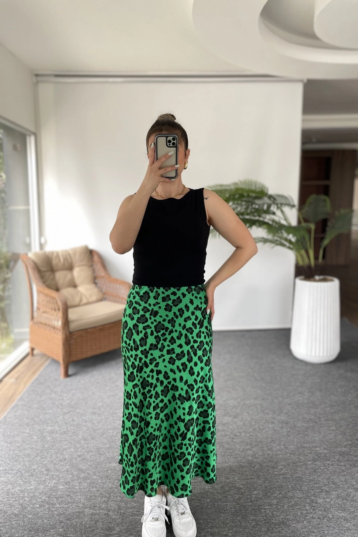 BEL LASTİKLİ SATEN ETEK - YEŞİL LEOPAR - Görsel 1