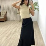 BEL LASTİKLİ UZUN SATEN ETEK - SİYAH