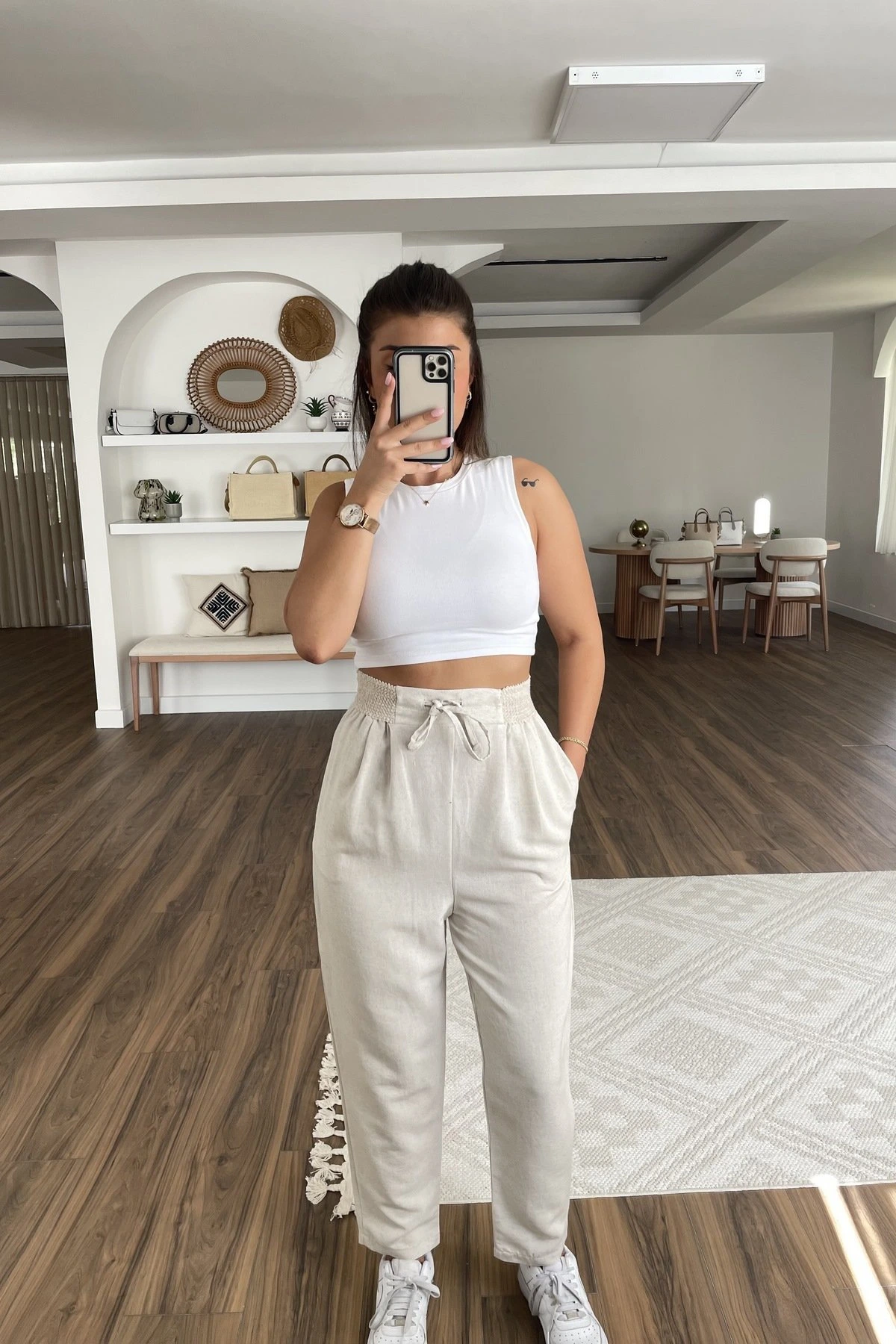 BEL ÖRGÜ LASTİK CEPLİ VİSKOS RAHAT PANTOLON - TAŞ - Görsel 1